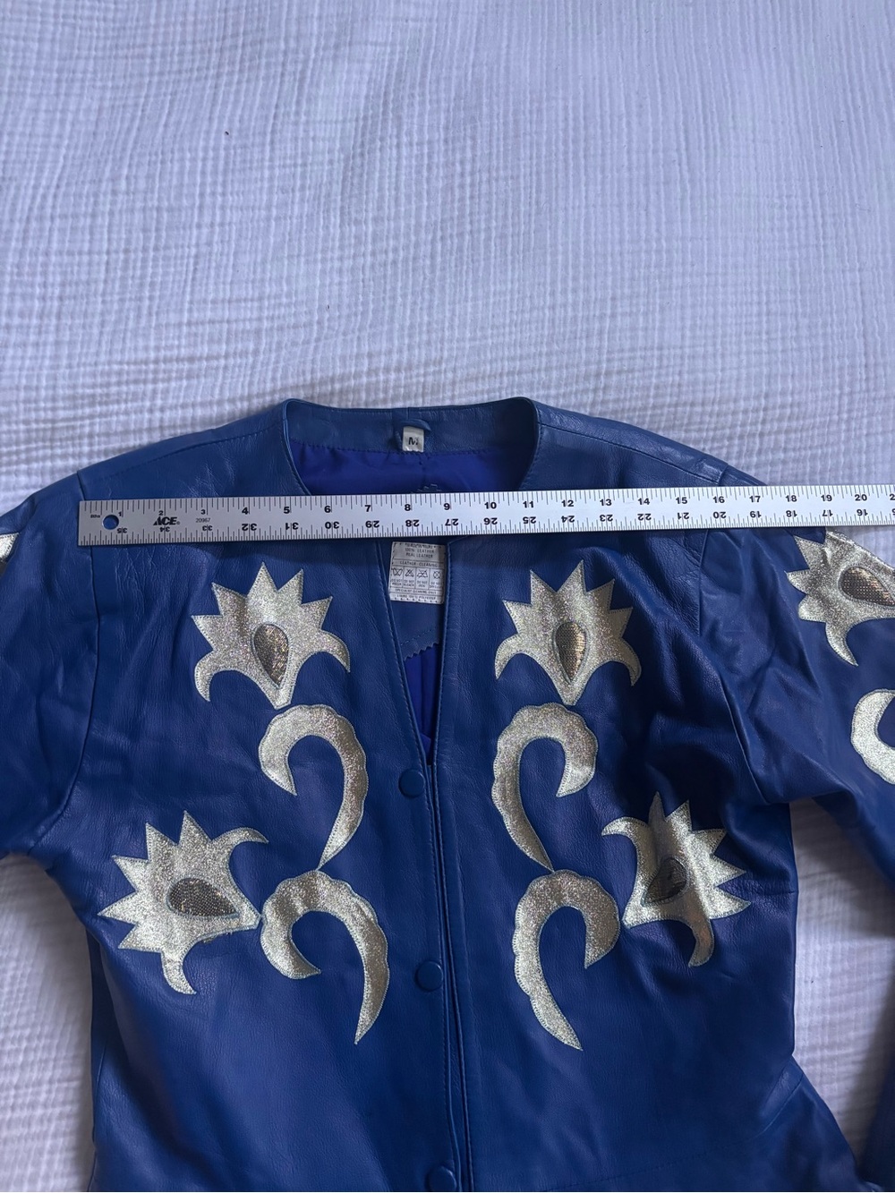 Vintage Blue Leather Skirt and Jacket Set with Gold Appliqué - Picture 7 of 16